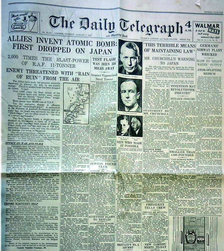 Daily Telegraph headline: Allies invent Atomic Bomb