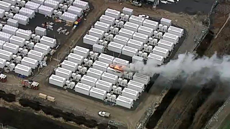 Smoke billows from a fire at Victoria's new Tesla Big Battery on Friday