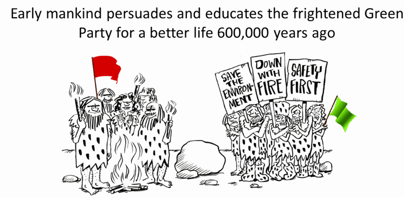 Early mankind persuades and educates the frightened Green Party for a better life 600,000 years ago. A cartoon showing early anti-fire protesters in Stone Age times.
